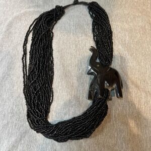 Vtg Elephant Tribal Necklace Black Beads Hand Carved Wood Animal 25"